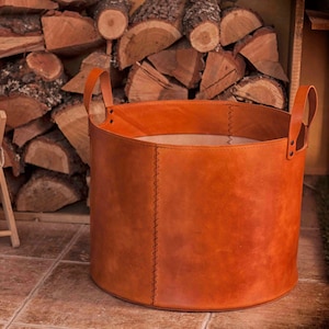 Leather firewood basket with handle -  Log storage bucket best leather gift grandparent - Firewood bucket handmade gift father