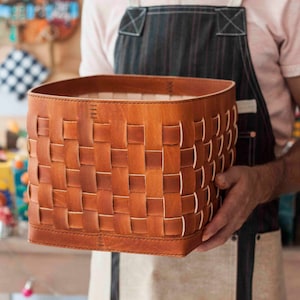 Leather Basket Square, Fall Host Gift, Woven Leather Blanket Basket, Hosting Decor, Cube Basket, Storage Organization ~ 10&quot; x 10&quot; x 10&quot;