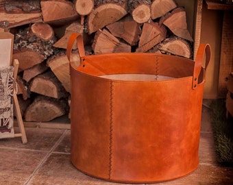 Leather firewood basket with handle -  Log storage bucket best leather gift grandparent - Firewood bucket handmade gift father