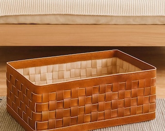 Woven Leather Storage Box - Basket For Closet Storage Organization - Wardrobe Box Summer Hosting - Leather Bin For Blankets and Shoe Storage