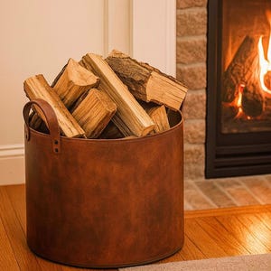 May include: A brown leather log basket filled with firewood sits on a hardwood floor. The basket has a handle and is near a fireplace with a brick surround and a burning fire. The room has a neutral color palette.