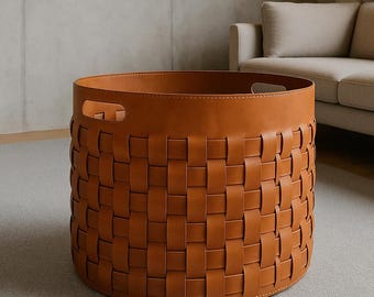 Leather Basket, Fall Style Hosting Decor, Woven Storage Bin, Big Blanket Basket, Fall Style Gift, Large Log Basket, Hand Woven Kindling Box