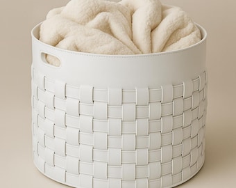 White Woven Leather Storage Basket, Round Organizer for Towels and Blankets