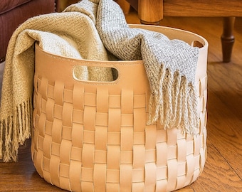 Large Woven Leather Basket For Blanket Storage or Laundry Hamper Best Porch Furnishings - Leather Bin For Dorm Decor or Gift Basket