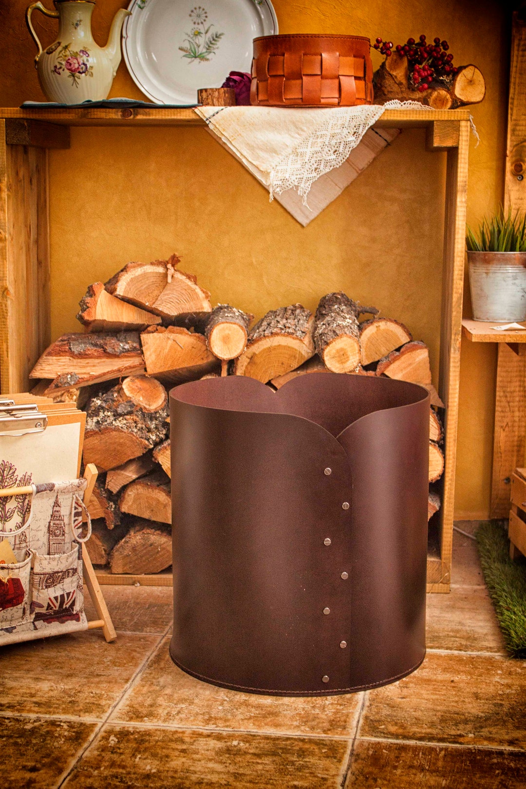 Leather Firewood Bucket, Large Log Holder, Fireplace Storage Basket, Leather Gift Grandparent