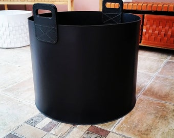 Leather basket with handles perfect for blankets  - Black leather bucket ideal for firewood storage or log carrier