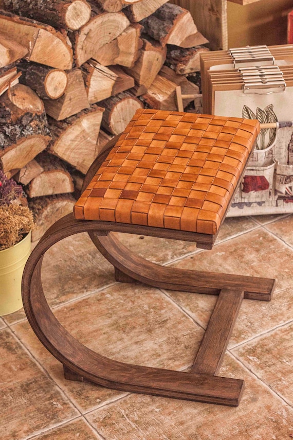 Leather Stool Woven Seat Backless Stool Leather Ottoman