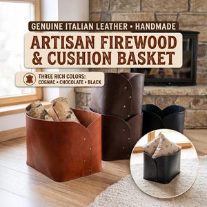 May include: A set of handmade genuine Italian leather baskets for firewood and cushions, featuring a curved design with metal rivets. The baskets are available in three colors: cognac, chocolate, and black. Text reads: GENUINE ITALIAN LEATHER • HANDMADE ARTISAN FIREWOOD & CUSHION BASKET THREE RICH COLORS: COGNAC • CHOCOLATE • BLACK.