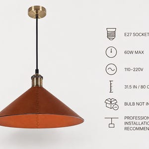 May include: A conical pendant light with a brown leather shade, a black cord, and a brass ceiling canopy. Technical specifications include an E27 socket, 60W max, 110-220V, a 31.5 inch cord, bulb not included, and professional installation recommended.