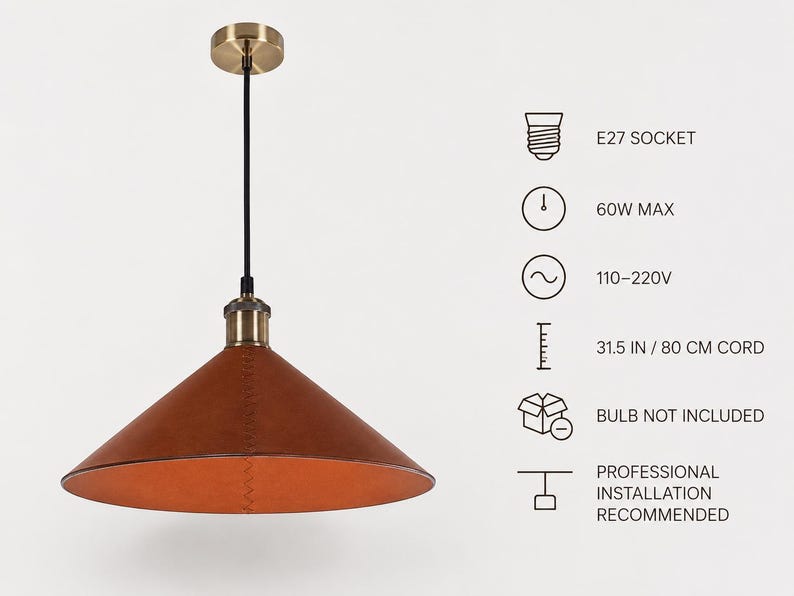 May include: A conical pendant light with a brown leather shade, a black cord, and a brass ceiling canopy. Technical specifications include an E27 socket, 60W max, 110-220V, a 31.5 inch cord, bulb not included, and professional installation recommended.