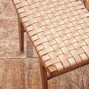 Leather wood bench stool with hand woven top best outdoor furniture Braided leather foot stool garden decor Modern farmhouse patio chair image 3