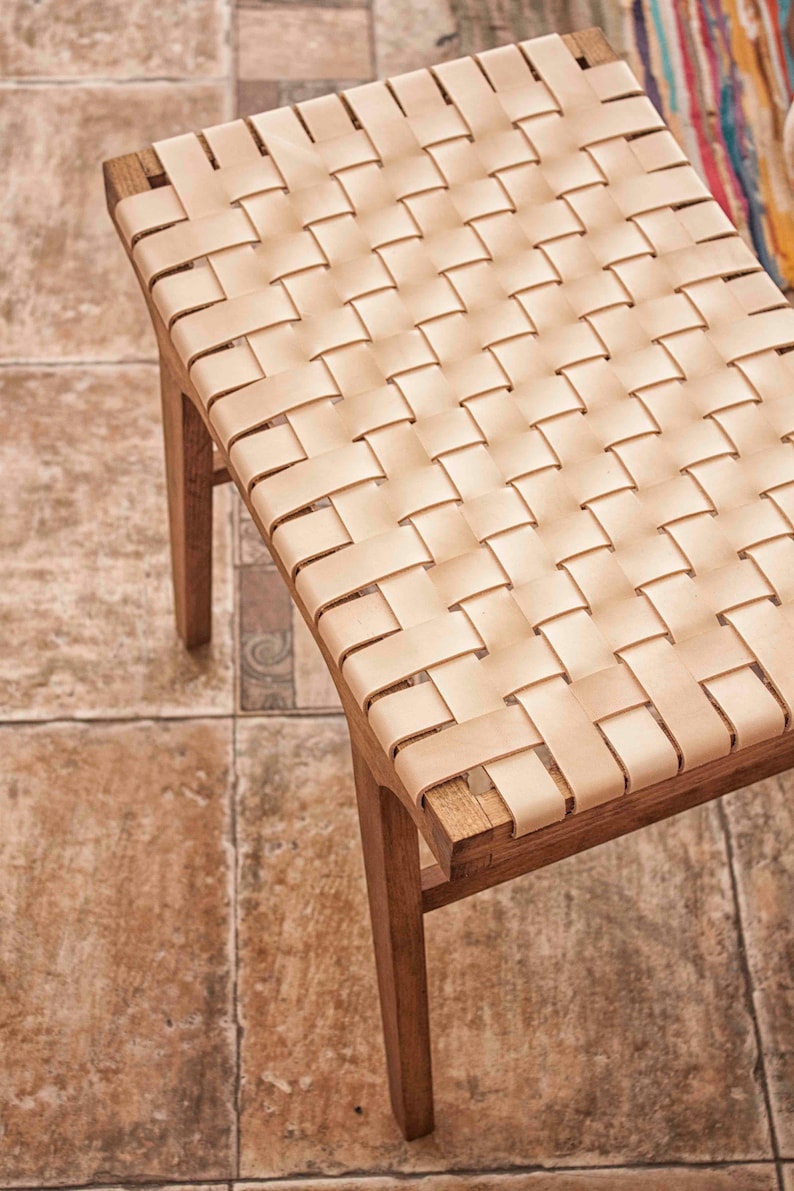 Leather wood bench stool with hand woven top best outdoor furniture Braided leather foot stool garden decor Modern farmhouse patio chair image 3