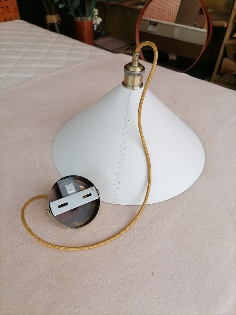 Leather pendant light in white and gold Cone pendant lighting fixtures Modern farmhouse leather lampshade for kitchen furniture and decor image 6