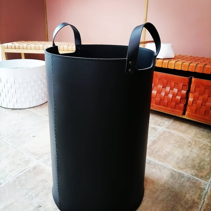 Tall Leather Basket in White main image 1
