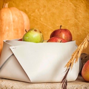 White Leather Basket, Kitchen Decor, Picnic Basket, Food Storage Basket, Table Decor, Home Gifts For Mom, Modern Bread Basket, Decor Accents image 1