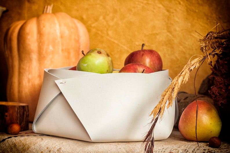 White Leather Basket, Kitchen Decor, Picnic Basket, Food Storage Basket, Table Decor, Home Gifts For Mom, Modern Bread Basket, Decor Accents image 1