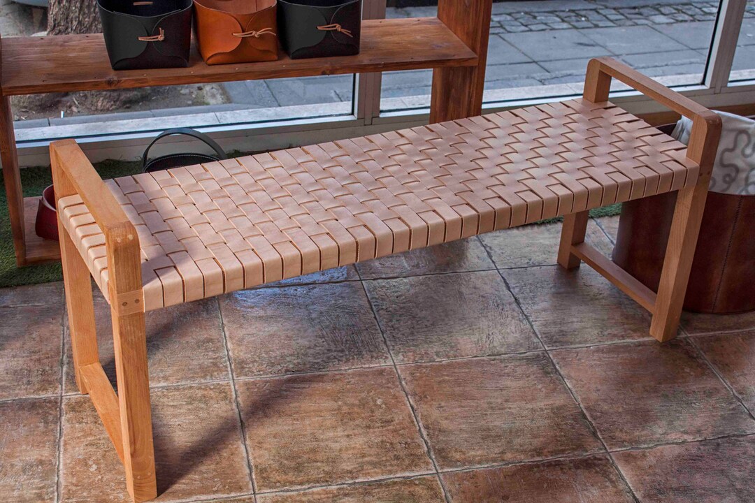 Leather Woven Bench for Entryway Leather Strap Bench Moroccan Style
