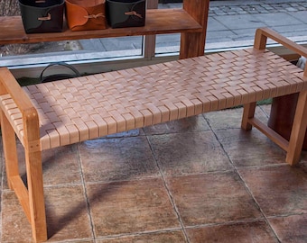 Leather woven bench for entryway - Leather strap bench Moroccan style ideal for mudroom - Modern farmhouse bench hand braided