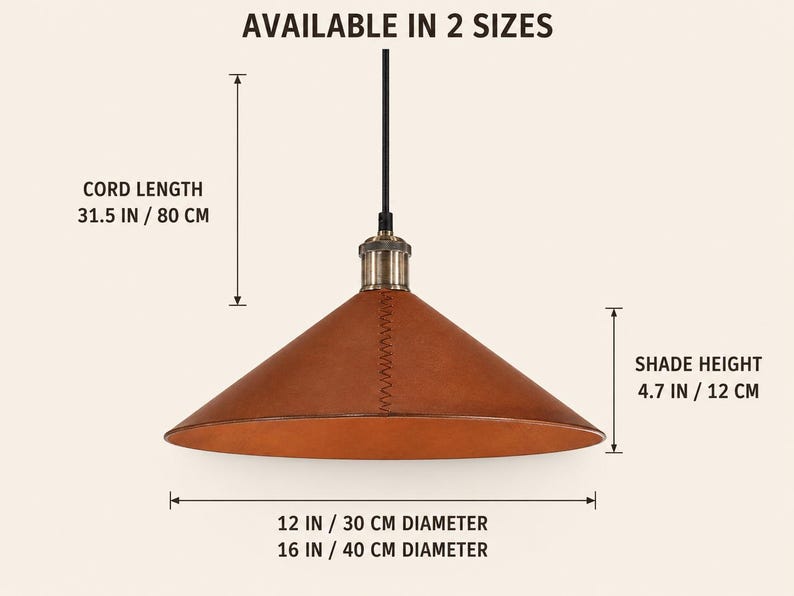 May include: A brown leather pendant light with a conical shade and a black cord. Text indicates it is available in two sizes with a 31.5 inch cord length, a 4.7 inch shade height, and diameters of 12 inches or 16 inches for the shade.