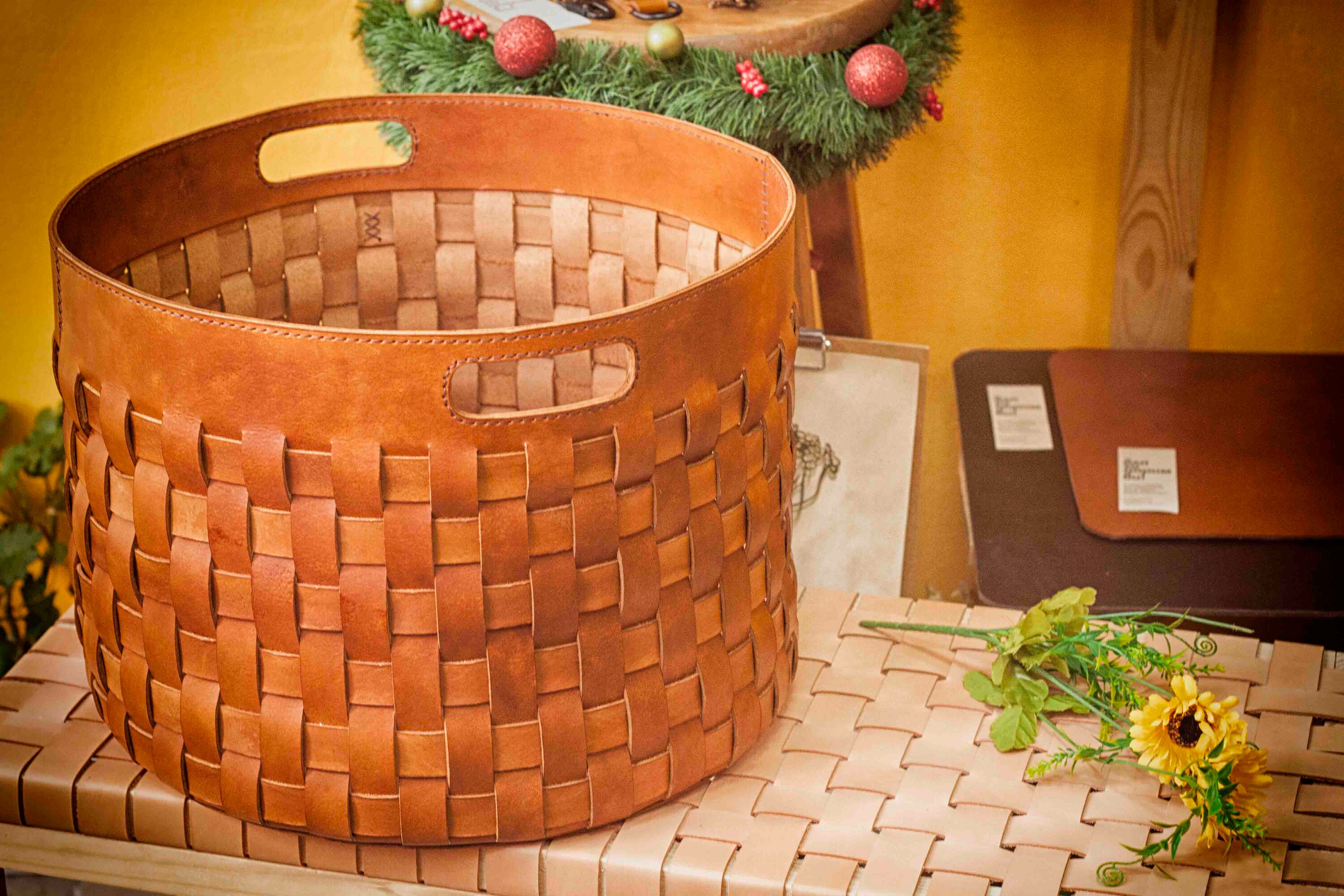 Leather Basket, Woven Storage Basket, Big Blanket Basket, Firewood 