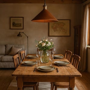 May include: A rectangular wooden dining table with six matching chairs, set with ceramic plates, silverware, and clear glassware. A glass vase filled with white and green flowers sits in the center, beneath a large, conical, copper-toned pendant light.
