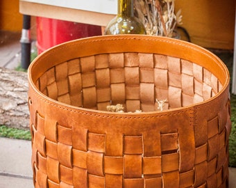 Large Leather Basket For Storage Organization, Grandma Gift, Woven Leather Bin, Garden Decor, Log Storage Basket, Round Leather Basket