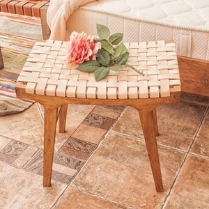 Leather wood bench stool with hand woven top best outdoor furniture Braided leather foot stool garden decor Modern farmhouse patio chair image 2