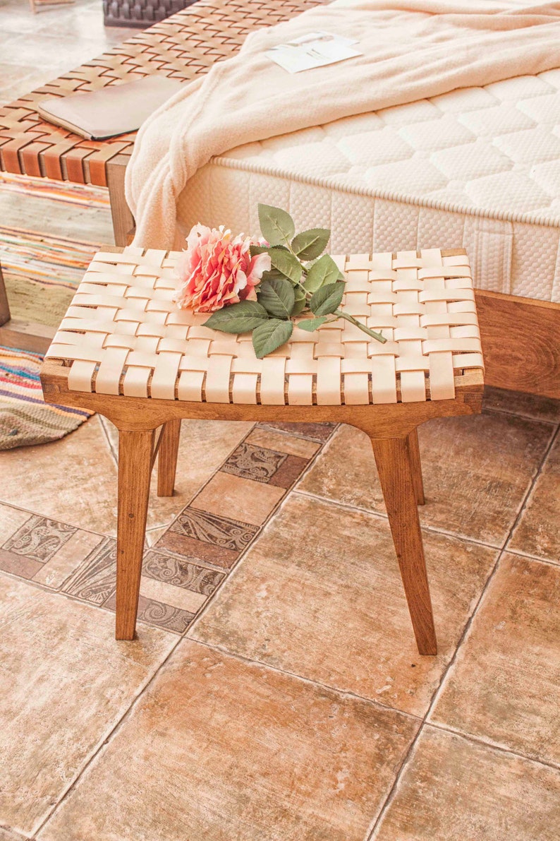 Leather wood bench stool with hand woven top best outdoor furniture Braided leather foot stool garden decor Modern farmhouse patio chair image 2