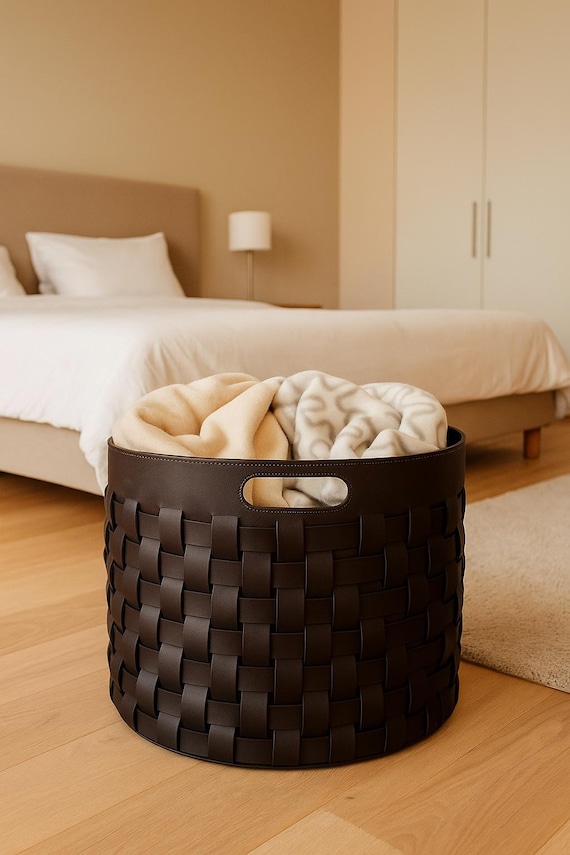 Black Woven Leather Storage Basket For Laundry - Round Laundry Hamper Ideal Storage Bin For Towels And Blankets - Storage Organization