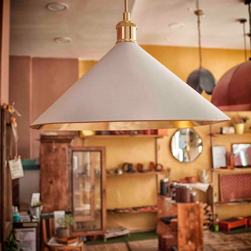 Leather Pendant Light in White and Gold Cone Pendant Light Etsy