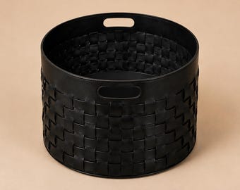 Cesta de almacenamiento de cuero tejido negro para la ropa sucia - Cesto redondo ideal para toallas y mantas - Organización de almacenamiento