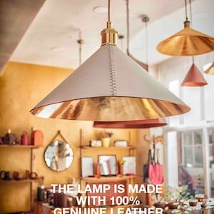 Leather pendant light in white and gold Cone pendant lighting fixtures Modern farmhouse leather lampshade for kitchen furniture and decor image 1