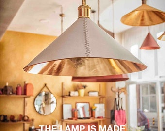 Leather pendant light in white and gold - Cone pendant lighting fixtures -Modern farmhouse leather lampshade for kitchen furniture and decor