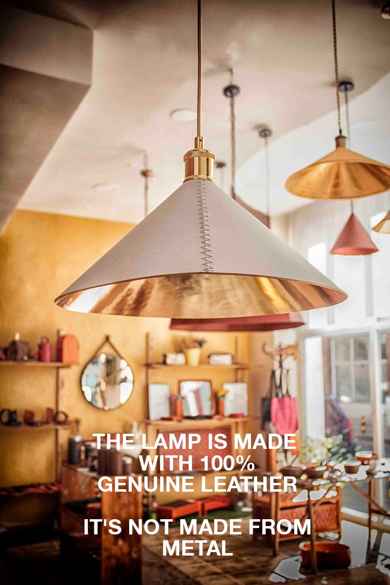 Leather pendant light in white and gold Cone pendant lighting fixtures Modern farmhouse leather lampshade for kitchen furniture and decor image 1