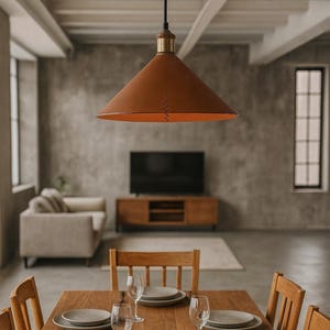 May include: A conical pendant light fixture with a smooth, matte brown exterior and a metallic brass-toned top fitting. The lamp is suspended by a thin black cord and features a visible vertical stitched seam detail along the side of the shade.