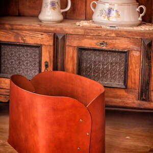 Large leather storage box in cognac, dark brown or black Artisan made leather firewood bin Leather log storage basket Bespoke box image 6