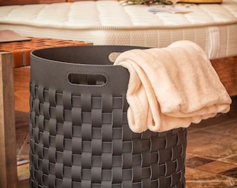 Leather storage basket in black - Large woven leather laundry bin for room clothes - Handwoven basket laundry