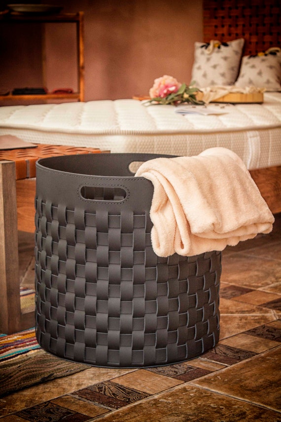 Large leather basket for laundry room or blanket storage summer home-decor - Woven black leather bin for bathroom decor & home organization