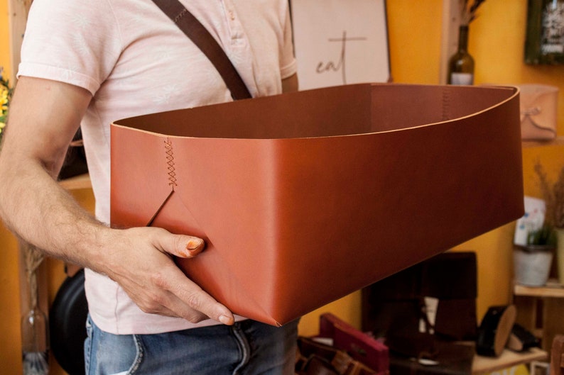 Leather Box, Leather Storage Bin, Storage Organization, Home Renovation, Large Leather Storage Basket, Leather Tray, Firewood Basket image 4