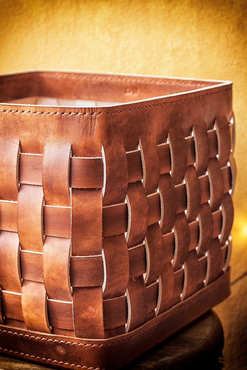 Hand Woven Leather Basket Genuine Brown Leather Basket Home Etsy