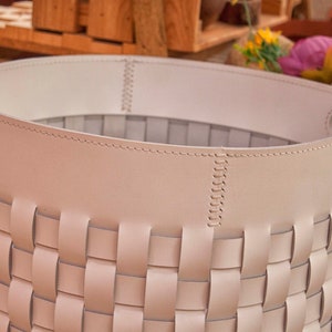 Large Leather Basket In White, Storage Organization, Kitchen Accessories For Mom, Woven Leather Bin, Grandma Gift, Leather Laundry Basket image 7