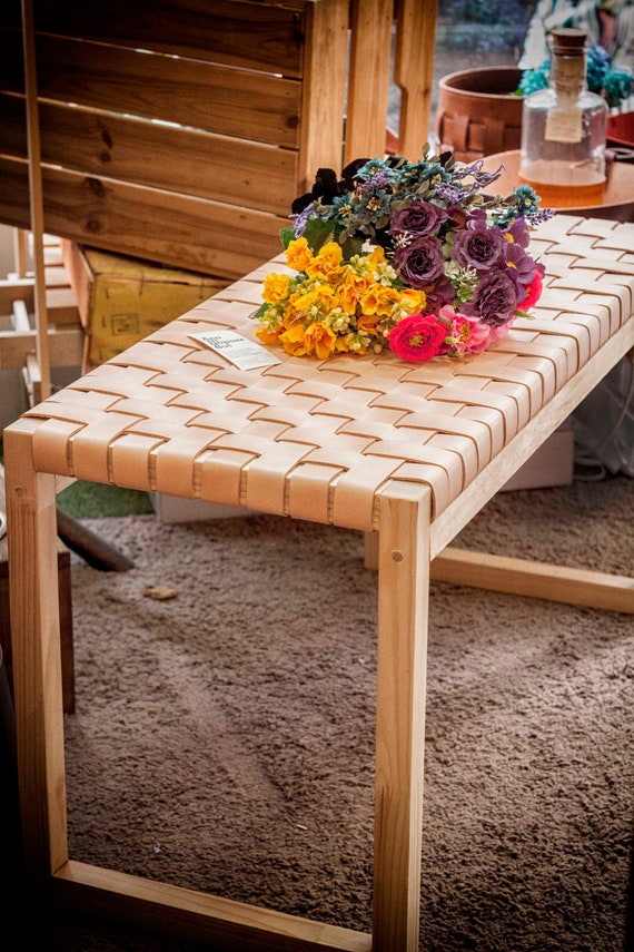 Woven Leather Bench Leather Strap Bench Entry Way Bench Mid