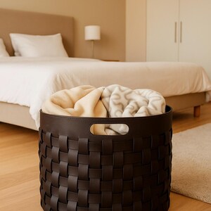 Large Woven Leather Basket, Hosting Decor, Blanket Basket For Living Room, Storage Organization, Accessories Gift For Mom, Laundry Basket