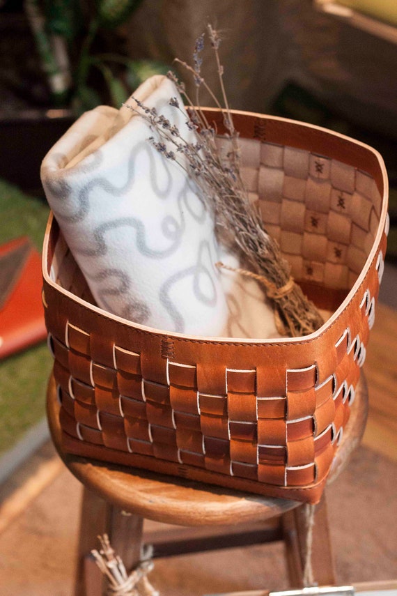 Leather Basket Handwoven Basket Leather Storage Basket 