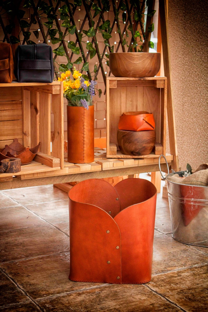 Large leather storage box in cognac, dark brown or black Artisan made leather firewood bin Leather log storage basket Bespoke box image 4