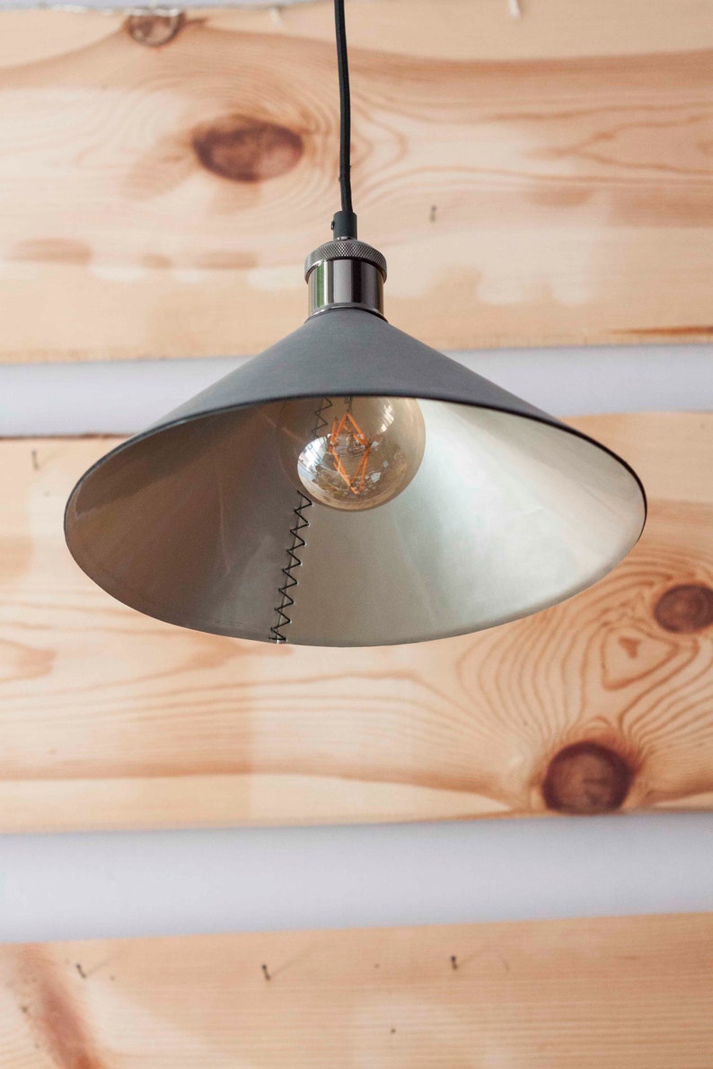 Leather cone pendant light fixtures Leather farmhouse lampshade for kitchen island or dining room Leather industrial lighting zdjęcie 6