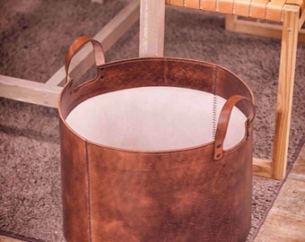 Large Leather Basket, Log Bucket, Firewood Holder Basket, Carrier With Handles, Home Improvement, Log Carrier, Blanket Storage Basket