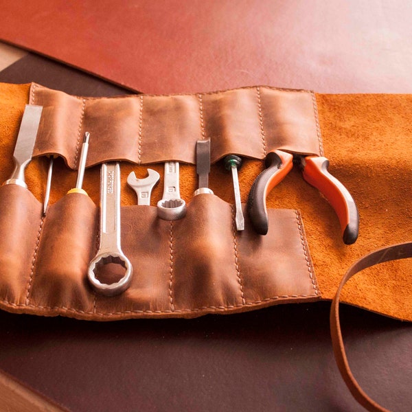 Rouleau à outils en cuir personnalisé, Rouleau ciseau en cuir, Cadeaux pour homme, Rouleau d'emballage d'outils, Rouleaux d'artiste en cuir, Pochette à outils, Accessoires en cuir, Étui