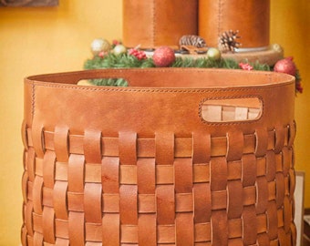 Leather Basket, Hosting Decor, Woven Storage Bin, Spring Style 