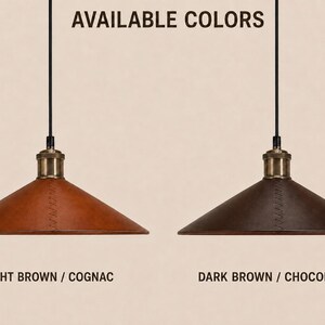 May include: Two cone-shaped pendant lights with black cords and brass-toned hardware. The left shade is light brown cognac leather, and the right shade is dark brown chocolate leather. Text reads AVAILABLE COLORS, LIGHT BROWN / COGNAC, DARK BROWN / CHOCOLATE.